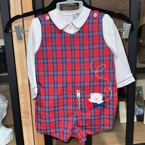 Vintage Petit Ami plaid jon jon long sleeve embroidered appliqué teddy bear